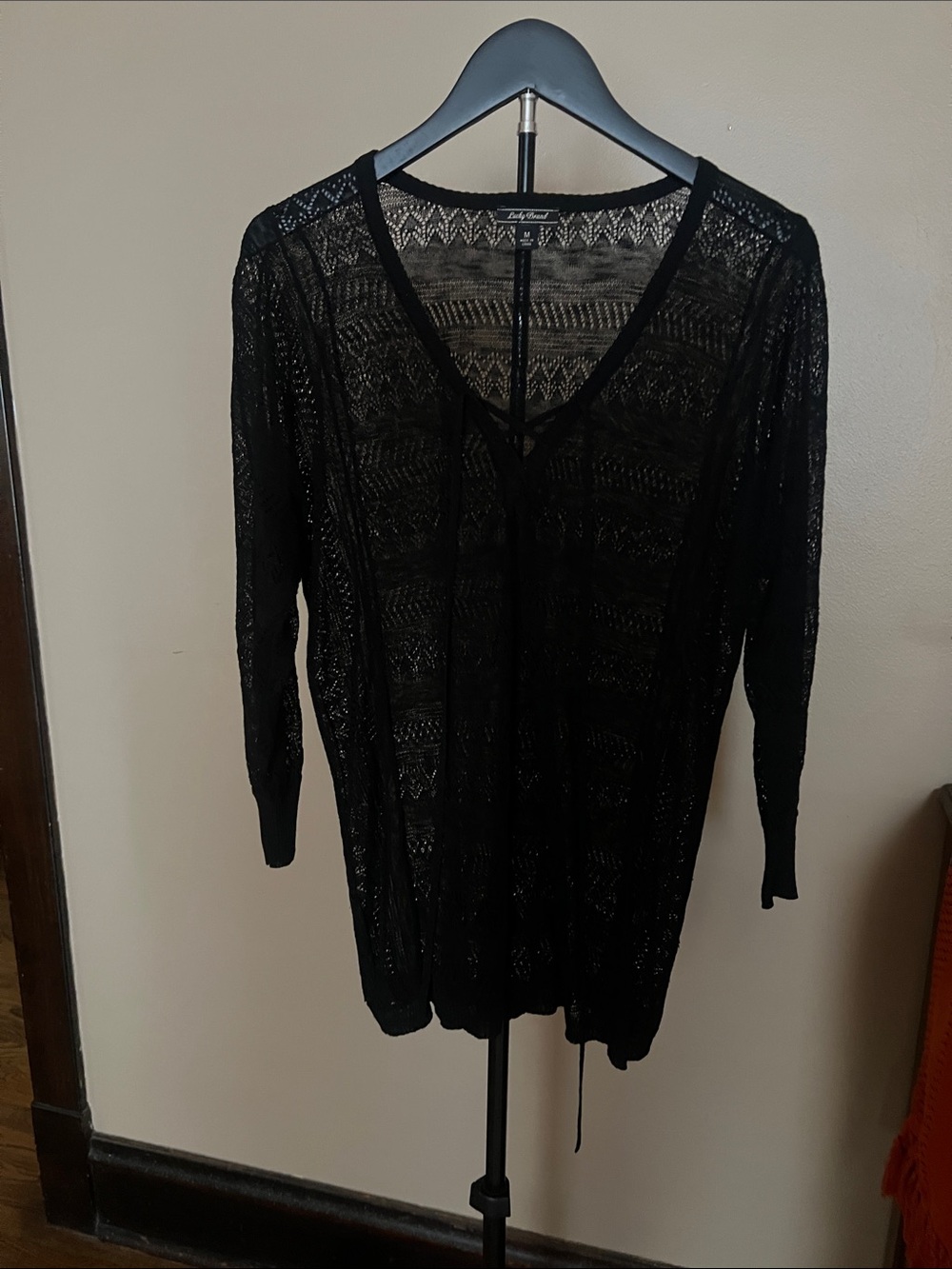 Lucky Brand Black Sheer Knit V-Neck Top